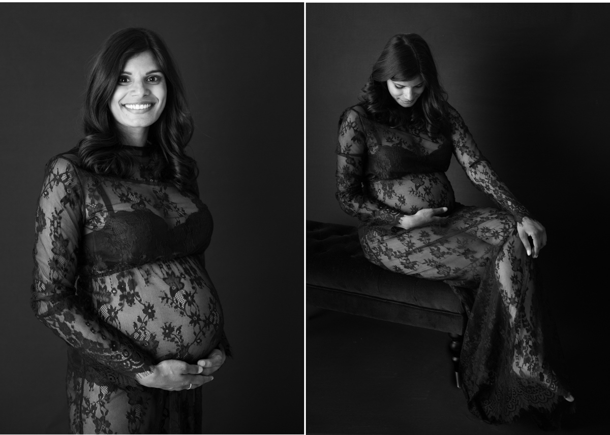 Blicka studio gravidporträtt Gravidfotografering i studio med svart spetsklänning och svart bakgrund 