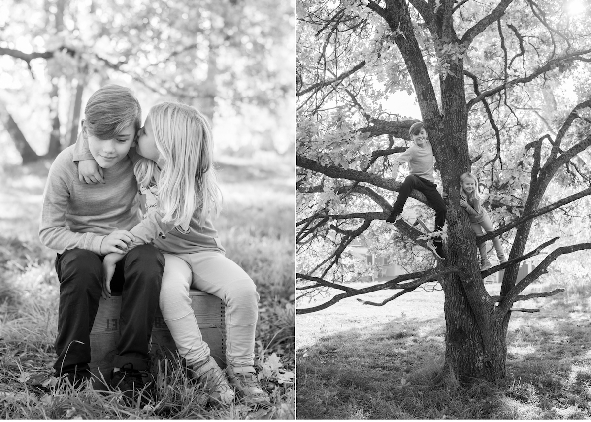 Barnfotografering utomhus Viskande barn klättrande barn fotograf Täby Blicka Studio